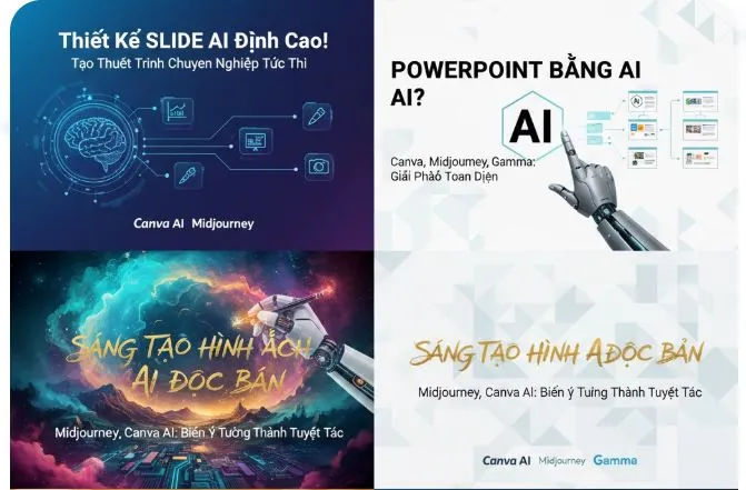 Thiết kế hình ảnh & Slide với AI: Sử dụng Canva AI, Midjourney hoặc Gamma để tạo bài thuyết trình chuyên nghiệp.